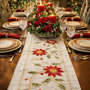 Embroidered Holiday Table Runner 90” | Gold Thread Poinsettias on Linen Blend |